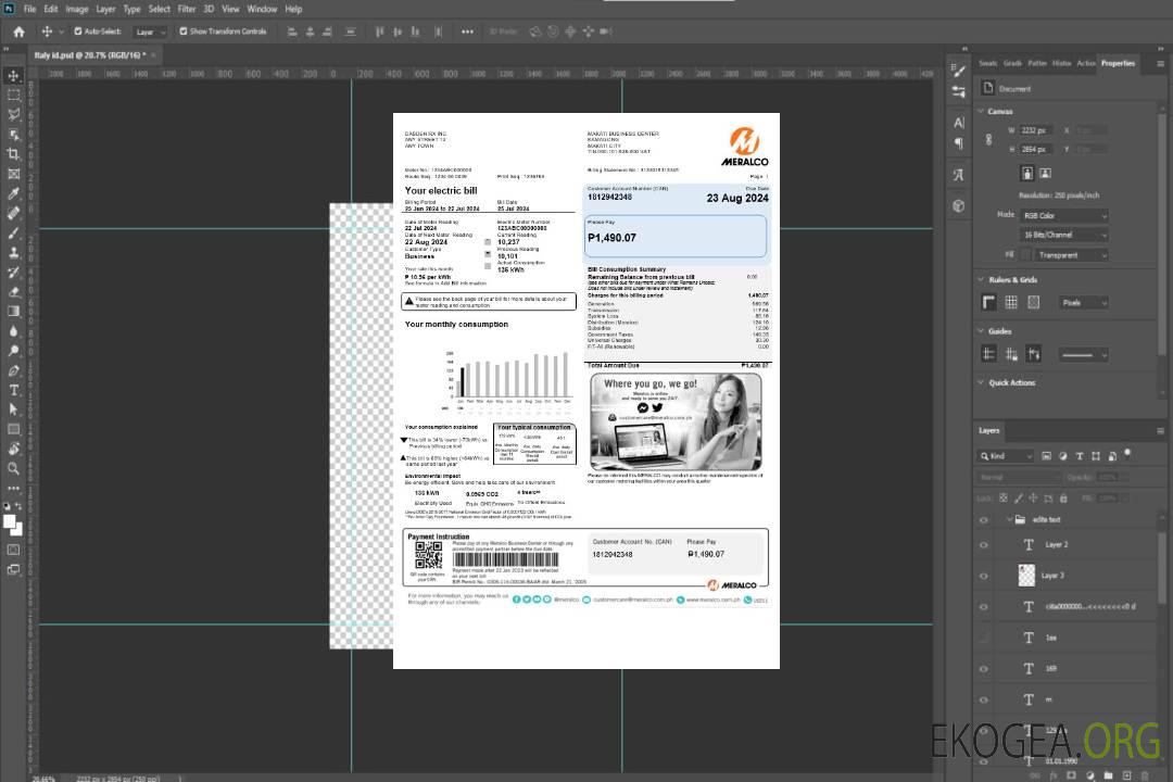 Modèle Word et PDF de facture de services publics aux Philippines Meralco template